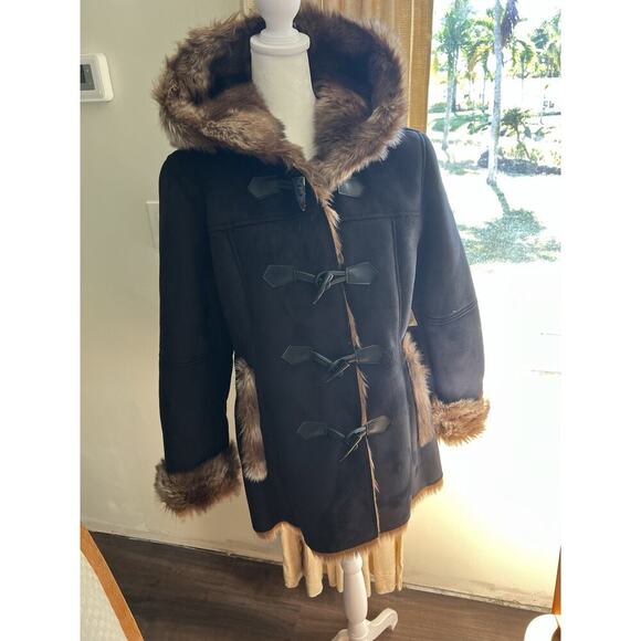 NWT Coldwater Creek Wonderlands toggle pea Coat Sz M Black suede faux fur - Picture 2 of 12